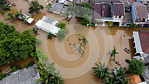 Aerial POV view Depiction of flooding. devastation wrought after massive natural disasters at Bekasi - Indonesia