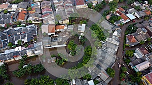 Aerial POV view Depiction of flooding. devastation wrought after massive natural disasters at Bekasi - Indonesia