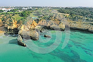 Aerial from Praia Tres Irmaos in Alvor the Algarve Portugal