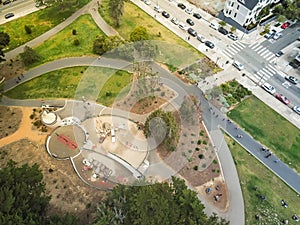 Aerial public playground near street intersection in Hayes Valley, San Francisco