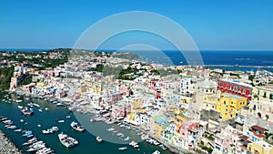 Aerial pullback from Panoramica sulla Corricella on Procida Island