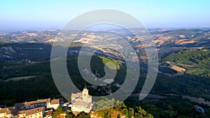 Aerial pullback shot from Montefalcone Appennino (Fermo) with hillscapes