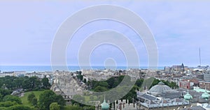 Aerial push out view of the town of Brighton and Hove, England. Around the Royal Pavilion and the Dome