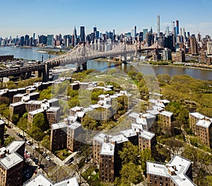 Aerial of Queensborough bridge and downtown manhattan