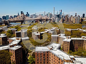 Aerial of Queensborough bridge and downtown manhattan