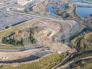 Aerial of race track in the dunes with road maintenance interventions in Zandvoort, the Netherlands