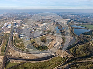 Aerial of race track in the dunes with road maintenance interventions in Zandvoort, the Netherlands