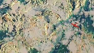 Aerial of red airplane flying over rocky landscape with river.