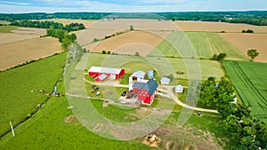 Aerial red barn and red stables with cows near creek in green pasture and nearby farmland