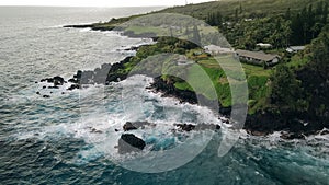 aerial Red Sand Beach in hana, maui, hawaii.