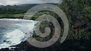 aerial Red Sand Beach in hana, maui, hawaii.