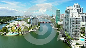 Aerial reveal Beautiful scene Miami Beach Indian Creek Allison Island til up