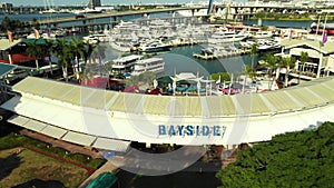 Aerial reveal video Bayside Marketplace Downtown Miami shut down due to Coronavirus Covid 19 quarantine