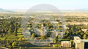 Aerial revealing shot of Helena and Montana State Capitol