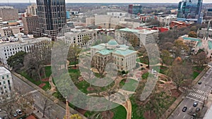 Aerial revealing shot of the North Carolina State Capitol in Raleigh