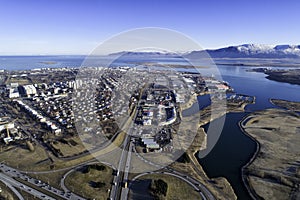 Aerial of Reykjavik and faxafloi bay