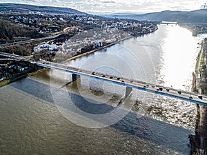 aerial river landscape, view of the Rhine the natural flow in Germany, near Koblenz with bridges and Boats