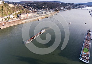 aerial river landscape, view of the Rhine the natural flow in Germany, near Koblenz with bridges and Boats