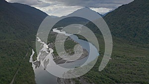 Aerial River Petrohue at Osorno Volcano and Falls of Petrohue, Pack shot with a Red 4x4 - Puerto Varas, Chile, South