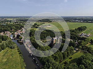 Aerial of river Vecht with castle near Utrecht in the Netherlands
