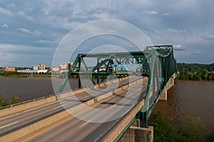 Aerial of Robert C. Byrd Truss Bridge + Welcome Sign - Ohio River - Huntington, West Virginia