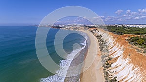 Aerial rocks and cliffs seascape shore view of famous Falesia beach, Algarve