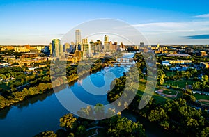 Aerial rone view of Austin Texas Golden Hour sunset over Town Lake photo
