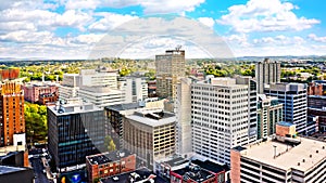 Aerial rotation along Harrisburg, PA skyline