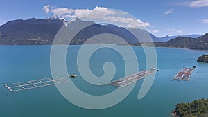 Aerial salmon farms at Reloncavi marine strait at Llanquihue National Park, Chile, South America.