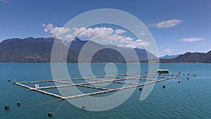 Aerial salmon farms at Reloncavi marine strait at Llanquihue National Park, Chile, South America.