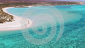 Aerial Sandy bay beach in Ningaloo reef near Exmouth in Western Australia. WA Tourism, recreation and camping concepts.