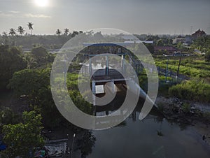 Aerial scene around the village fishing harbor.