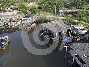 Aerial scene around the village fishing harbor.