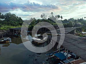 Aerial scene around the village fishing harbor.