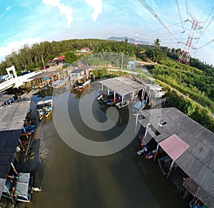 Aerial scene around the village fishing harbor.