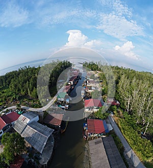 Aerial scene around the village fishing harbor.