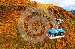 Aerial scene of a cable car flying over the gorge between Daikanbo & Kurobe Dam in Tateyama Kurobe Alpine Route, Toyama, Japan