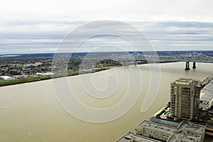 Aerial scene of Mississippi River at New Orleans, Louisiana, United States