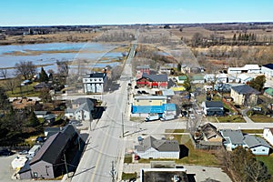 Aerial scene of Plattsville, Ontario, Canada in early spring