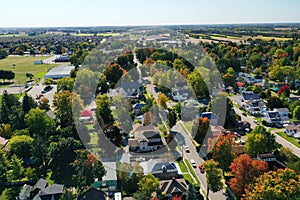 Aerial scene of Waterford, Ontario, Canada in the fall