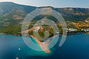 Aerial scene of Zlatni rat beach on BraÃÂ island, Croatia photo