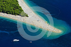 Aerial scene of Zlatni rat beach on BraÄ island, Croatia