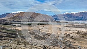 Aerial scenery of the arid dry Hakatere Conservation Park in the Ashburton Hills