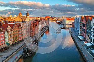 Aerial scenery of the old town in Gdansk over Motlawa river at sunrise, Poland