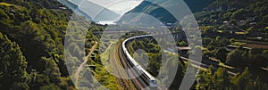 Aerial scenery of train with wagons in mountain landscape