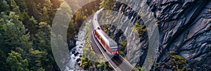 Aerial scenery of train with wagons in mountain landscape