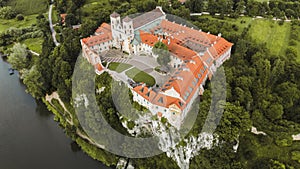 Aerial scenic view of Benedictine abbey of Saints Peter and Paul in Tyniec, Poland