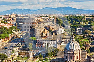 Aerial scenic view of Colosseum and Roman Forum in Rome, Italy