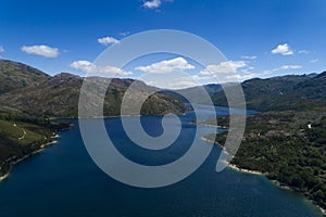 Aerial scenic view of the lake at the Vilarinho das Furnas Dam, Peneda Geres National Park