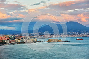 Aerial scenic view of Naples with Vesuvius volcano